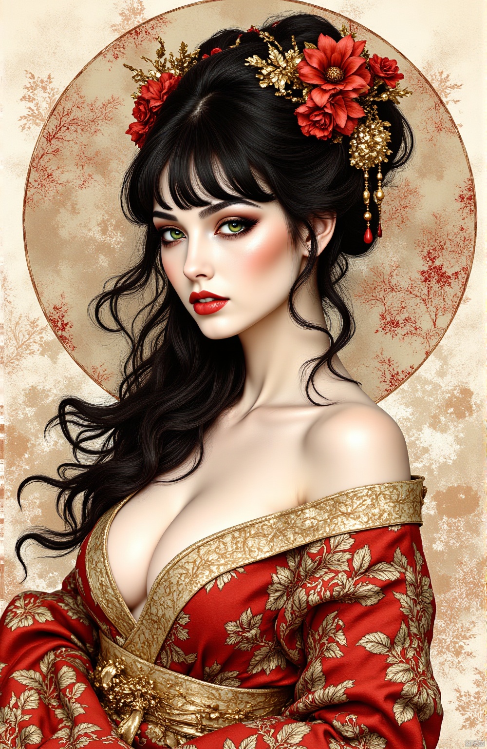 A traditional Japanese ink-on-paper masterpiece blending wabi-sabi aesthetics with a sensual, surreal edge. The artwork features an erotic yet stunning oriental priestess, her delicate face framed by flowing dark hair, bangs, sidelocks. Her captivating green irises glow softly, contrasting against her pale skin, as she gazes seductively at the viewer. Sepia and carmine ink flow harmoniously, She is wearing traditional kimono that slips from her shoulders, revealing deep cleavage. Abstract swirls of henna-hued patterns flow around her form, creating a sense of ethereal movement. Vibrant splashes of surreal colors—a muted crimson, soft gold, and smoky charcoal—enhance the ink composition, giving it life while embracing the imperfections and fluidity of wabi-sabi. The priestess embodies a mystical yet erotic presence, seamlessly merging traditional Japanese beauty with surreal allure,AIDMAFLUXPROULTRA