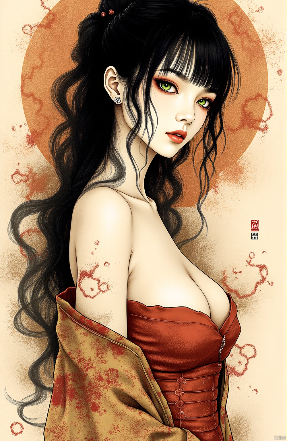A traditional Japanese ink-on-paper masterpiece blending wabi-sabi aesthetics with a sensual, surreal edge. The artwork features an erotic yet stunning oriental priestess, her delicate face framed by flowing dark hair, bangs, sidelocks. Her captivating green irises glow softly, contrasting against her pale skin, as she gazes seductively at the viewer. Sepia and carmine ink flow harmoniously, She is wearing traditional kimono that slips from her shoulders, revealing deep cleavage. Abstract swirls of henna-hued patterns flow around her form, creating a sense of ethereal movement. Vibrant splashes of surreal colors—a muted crimson, soft gold, and smoky charcoal—enhance the ink composition, giving it life while embracing the imperfections and fluidity of wabi-sabi. The priestess embodies a mystical yet erotic presence, seamlessly merging traditional Japanese beauty with surreal allure