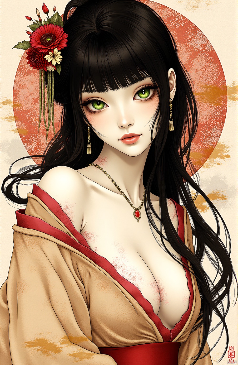 A traditional Japanese ink-on-paper masterpiece blending wabi-sabi aesthetics with a sensual, surreal edge. The artwork features an erotic yet stunning oriental priestess, her delicate face framed by flowing dark hair, bangs, sidelocks. Her captivating green irises glow softly, contrasting against her pale skin, as she gazes seductively at the viewer. Sepia and carmine ink flow harmoniously, She is wearing traditional kimono that slips from her shoulders, revealing deep cleavage. Abstract swirls of henna-hued patterns flow around her form, creating a sense of ethereal movement. Vibrant splashes of surreal colors—a muted crimson, soft gold, and smoky charcoal—enhance the ink composition, giving it life while embracing the imperfections and fluidity of wabi-sabi. The priestess embodies a mystical yet erotic presence, seamlessly merging traditional Japanese beauty with surreal allure