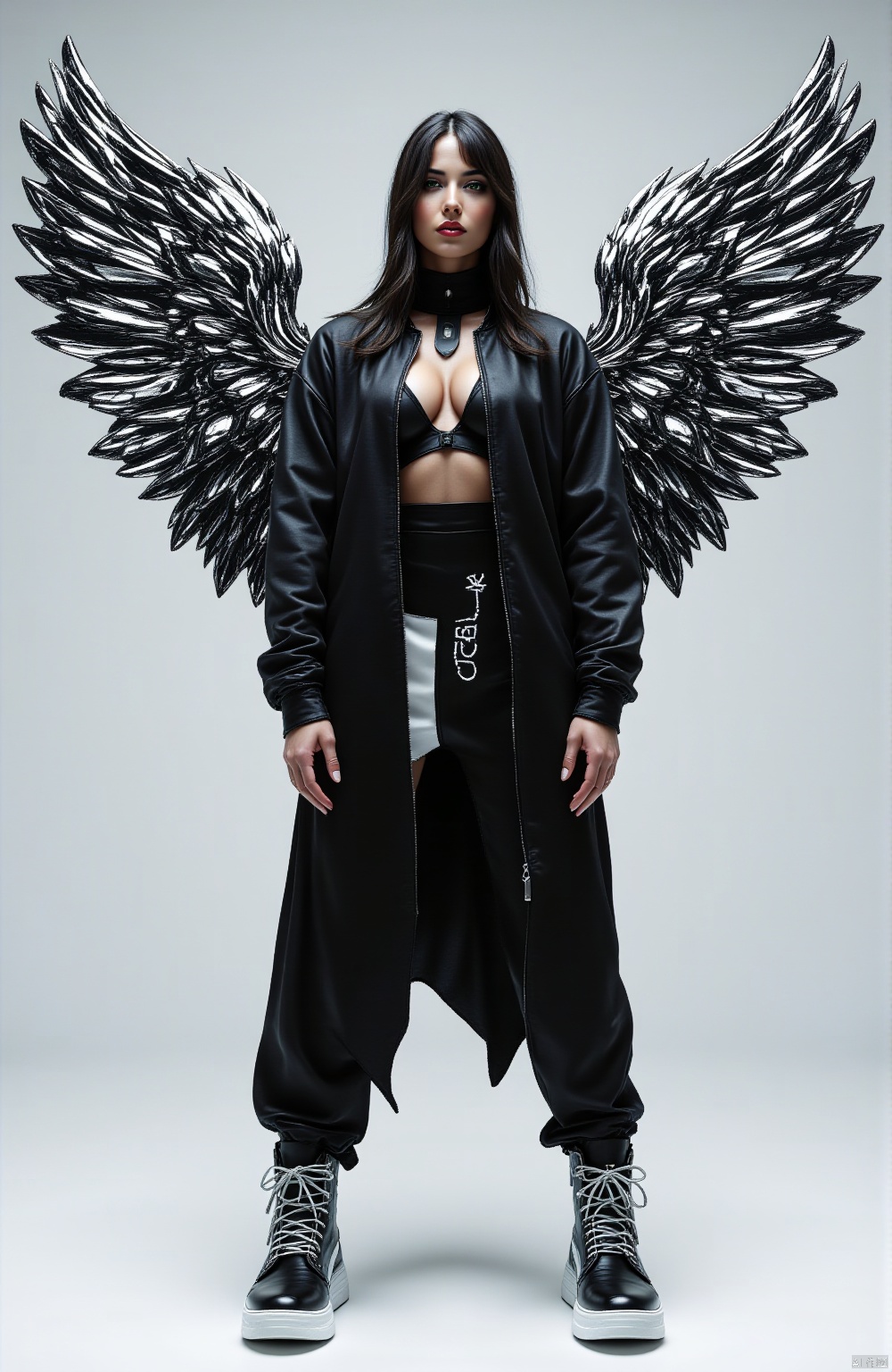 A high-quality, hyper-realistic digital art portrait of a woman standing in a straight pose, exuding confidence and power. She wears oversized black and white urban futuristic clothing, featuring exaggerated asymmetrical designs with bold, sharp lines that create a striking contrast. Her oversized sneaker boots, blending streetwear with avant-garde fashion, complete the look with a street-ready yet cutting-edge appeal. Behind her, chrome Chromecore wings extend outward in full stretch, their gleaming metallic sheen reflecting light with intricate details that highlight their futuristic design. The wings, poised for takeoff, add a sense of fantasy and movement to the otherwise static scene. The interplay between her sleek urban outfit and the shimmering wings enhances the visual impact, merging the edge of modern street fashion with the allure of futuristic fantasy. The minimalistic background further emphasizes her bold presence, focusing on the sharp contrast between her attire and the metallic wings, while the overall color palette and lighting capture the dark, high-contrast theme, with a focus on perfection and detailed craftsmanship, especially around the hands and pose, masterpiece, high-quality, (elaborate fine details:1.1), (hyperdetailed:1.1), (intricate details:1.0), (Refined details:1.1), (best quality:1.1), (high resolution:1.2),