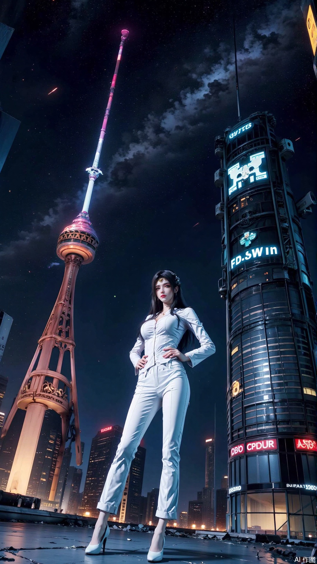 The image depicts a futuristic cityscape at night, illuminated by neon lights and stars in the sky. A woman in a sleek white suit stands prominently in the foreground, her posture confident and assertive. She is surrounded by floating screens and debris, suggesting a post-apocalyptic or cyberpunk setting. The background features towering buildings with glowing signs and a galaxy visible in the sky, adding to the sci-fi atmosphere. The overall scene is dark and vibrant, with a mix of technology and nature.