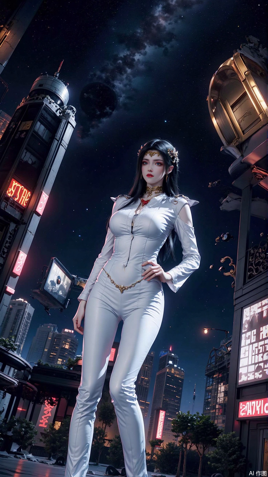 The image depicts a futuristic cityscape at night, illuminated by neon lights and stars in the sky. A woman in a sleek white suit stands prominently in the foreground, her posture confident and assertive. She is surrounded by floating screens and debris, suggesting a post-apocalyptic or cyberpunk setting. The background features towering buildings with glowing signs and a galaxy visible in the sky, adding to the sci-fi atmosphere. The overall scene is dark and vibrant, with a mix of technology and nature.