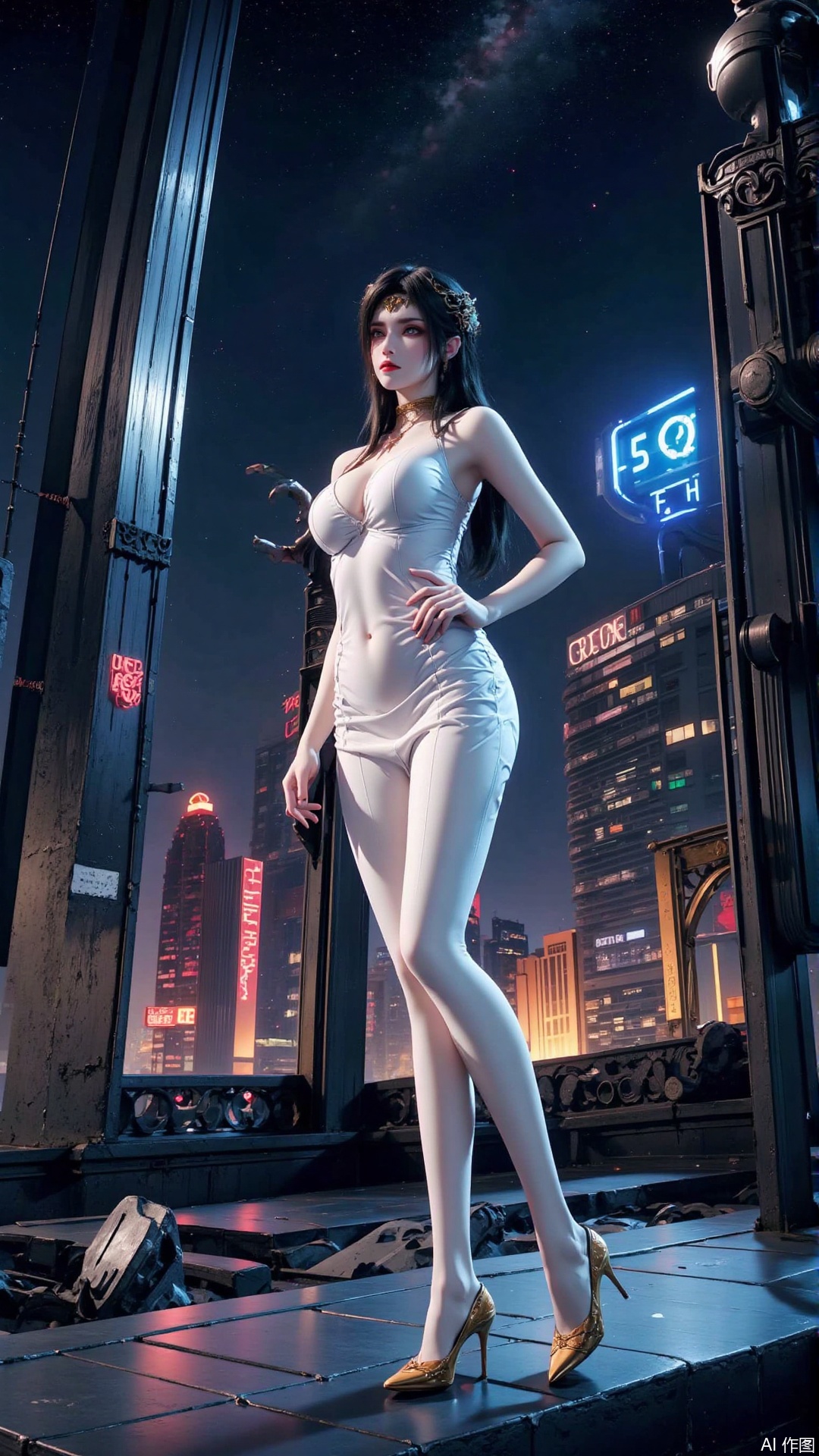 The image depicts a futuristic cityscape at night, illuminated by neon lights and stars in the sky. A woman in a sleek white suit stands prominently in the foreground, her posture confident and assertive. She is surrounded by floating screens and debris, suggesting a post-apocalyptic or cyberpunk setting. The background features towering buildings with glowing signs and a galaxy visible in the sky, adding to the sci-fi atmosphere. The overall scene is dark and vibrant, with a mix of technology and nature.