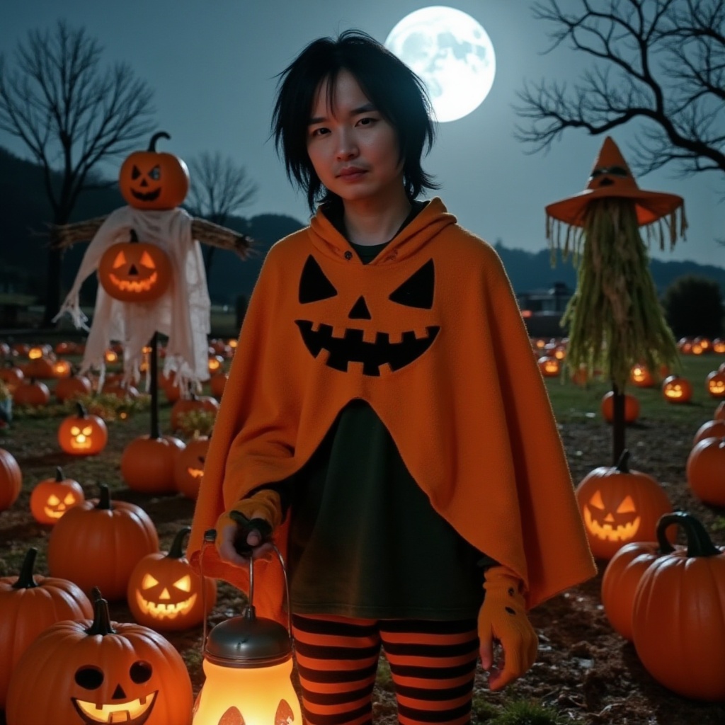 1boy,  solo,  A live-action style slender male character designed as a 2.5D stage actor in a Halloween-themed “pumpkin gho...