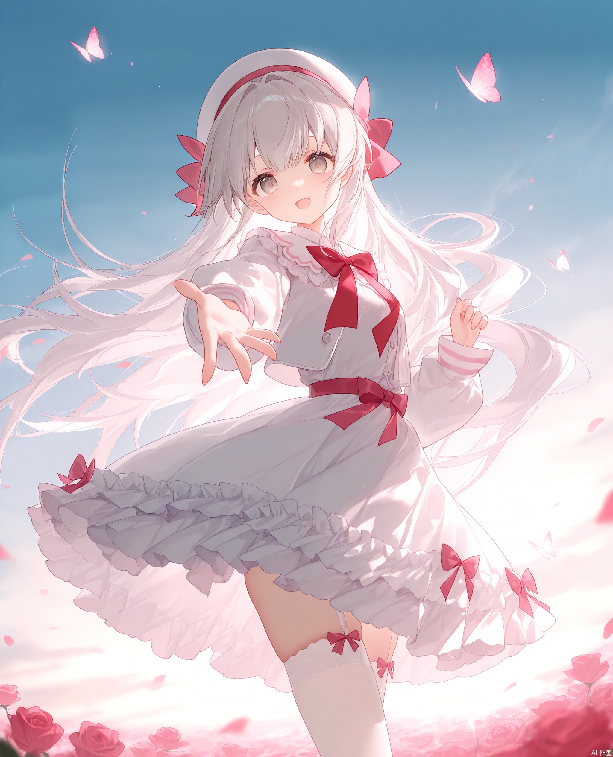 tareme, hikari_\(arcaea\), 1girl, solo, bug, long hair, butterfly, flower, smile, looking at viewer, dress, open mouth, long sleeves, red bow, bow, brown eyes, frills, red bowtie, bowtie, white dress, hat, :d, outstretched arm, official alternate costume, rose, reaching, frilled dress, white hair, reaching towards viewer, grey eyes, thighhighs, grey hair, skirt, 
//,
(artist:konya_karasue:0.3),(artist:ningen_mame:0.3),(artist:meion:0.6),(artist:sora_72-iro:0.3),(artist:ciloranko:0.3),(artist:binggong_asylum:0.4),(artist:wlop:0.4),(artist:yunsang:0.3),(artist:chen_bin:0.4),(artist:omone_hokoma_agm:0.3),(artist:pottsness:0.4),(artist:hiten_\(hitenkei\):0.3),(artist:an_yasuri:0.6),(artist:yushe_quetzalli:0.3),(artist:bae.c:0.4),(artist:rurudo:0.5),(artist:gujianshaonu:0.4),(nyalia:0.3),
//,
official art,depth of field,best quality,amazing quality,very aesthetic,absurdres,best quality,masterpiece,ultra detailed,newest,8K,HDR,masterpiece,best quality,newest,absurdres,highres,very awa,very awa,masterpiece,best quality,year 2024,newest,highres,absurdres,3d,blender_\(medium\),game_screenshot,paid_reward_available,