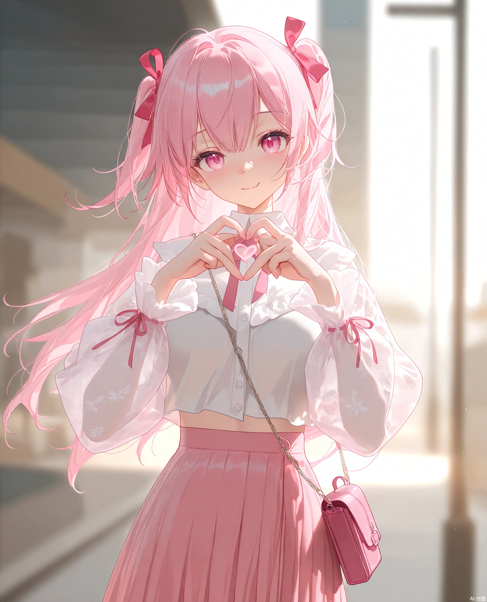 1girl,pink hair,blurry background,pink skirt,skirt,solo,see-through,long hair,bag,smile,see-through sleeves,pink eyes,ribbon, looking at viewer, heart fingers,
//,
(artist:konya_karasue:0.3),(artist:ningen_mame:0.3),(artist:meion:0.6),(artist:sora_72-iro:0.3),(artist:ciloranko:0.3),(artist:binggong_asylum:0.4),(artist:wlop:0.4),(artist:yunsang:0.3),(artist:chen_bin:0.4),(artist:omone_hokoma_agm:0.3),(artist:pottsness:0.4),(artist:hiten_\(hitenkei\):0.3),(artist:an_yasuri:0.6),(artist:yushe_quetzalli:0.3),(artist:bae.c:0.4),(artist:rurudo:0.5),(artist:gujianshaonu:0.4),(nyalia:0.3),
//,
official art,depth of field,best quality,amazing quality,very aesthetic,absurdres,best quality,masterpiece,ultra detailed,newest,8K,HDR,masterpiece,best quality,newest,absurdres,highres,very awa,very awa,masterpiece,best quality,year 2024,newest,highres,absurdres,3d,blender_\(medium\),game_screenshot,paid_reward_available,