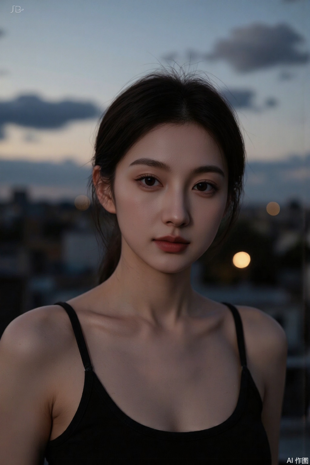 Ultra photoreal, Insane Details, 32K, Realistic, Real photo,Frontal photography, looking forward, evening, dark clouds, sunset, on city rooftops, a woman,black dress, black hair, long hair, dark theme, pastel tones, pastel colors, high contrast, (natural skin texture, Low Light, HD) ((Sky Background)) (Facial Highlights)), Light Master, 1girl, Photograp, Excellent Image Quality, Perfect Body,dark theme,soft tones,light master,evening,photograp,masterpiece,Skin details