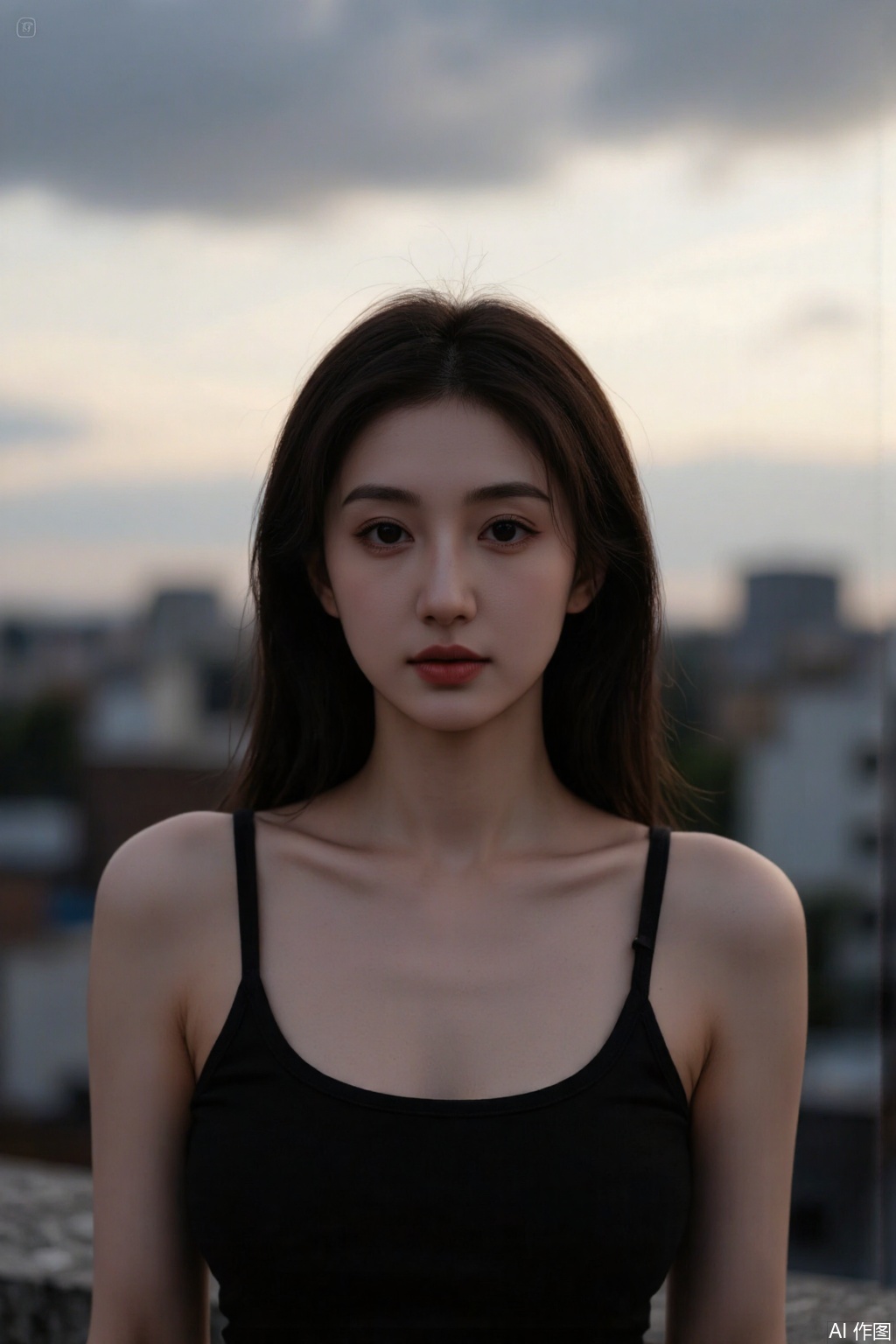 Ultra photoreal, Insane Details, 32K, Realistic, Real photo,Frontal photography, looking forward, evening, dark clouds, sunset, on city rooftops, a woman,black dress, black hair, long hair, dark theme, pastel tones, pastel colors, high contrast, (natural skin texture, Low Light, HD) ((Sky Background)) (Facial Highlights)), Light Master, 1girl, Photograp, Excellent Image Quality, Perfect Body,dark theme,soft tones,light master,evening,photograp,masterpiece,Skin details