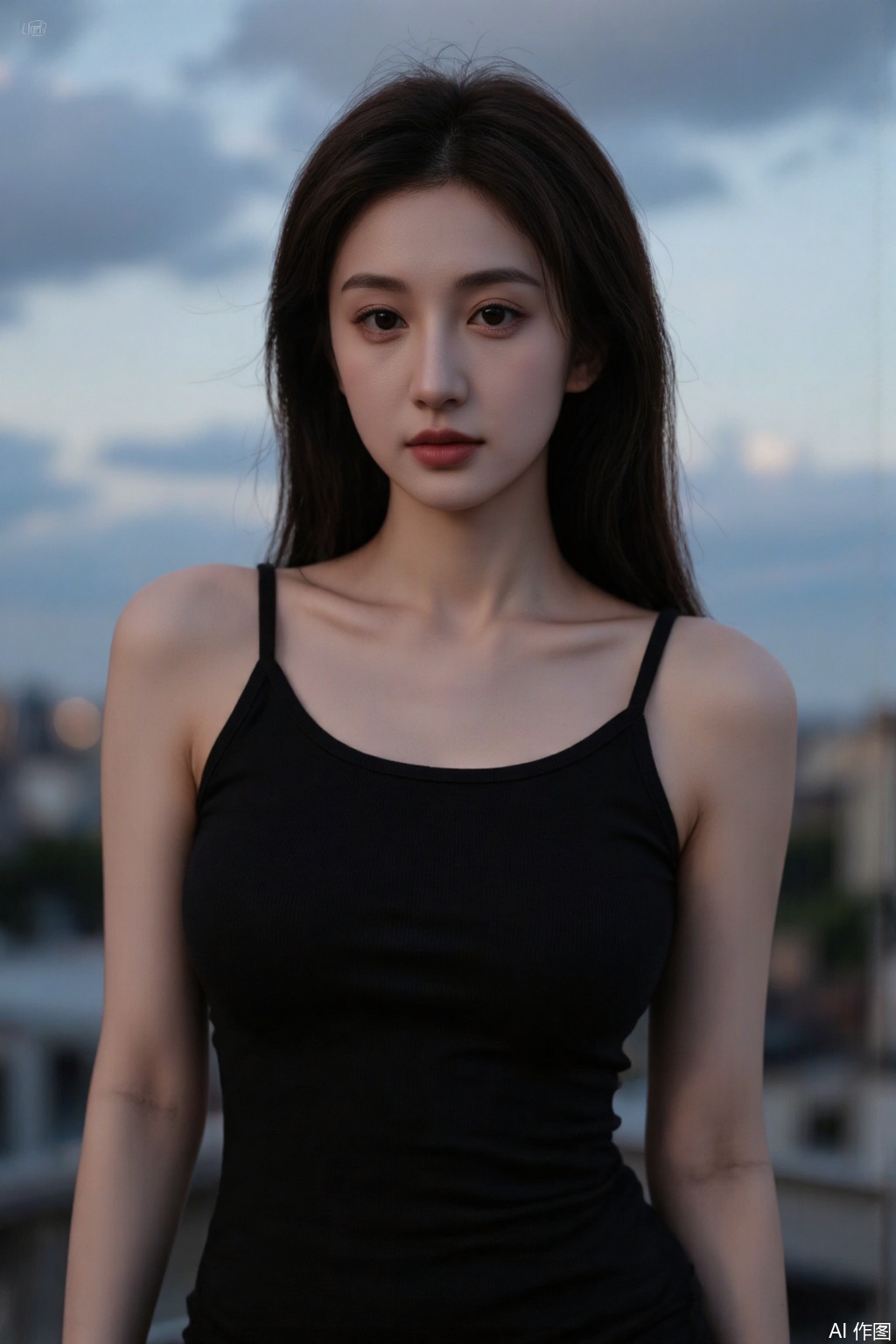 Ultra photoreal, Insane Details, 32K, Realistic, Real photo,Frontal photography, looking forward, evening, dark clouds, sunset, on city rooftops, a woman,black dress, black hair, long hair, dark theme, pastel tones, pastel colors, high contrast, (natural skin texture, Low Light, HD) ((Sky Background)) (Facial Highlights)), Light Master, 1girl, Photograp, Excellent Image Quality, Perfect Body,dark theme,soft tones,light master,evening,photograp,masterpiece,Skin details