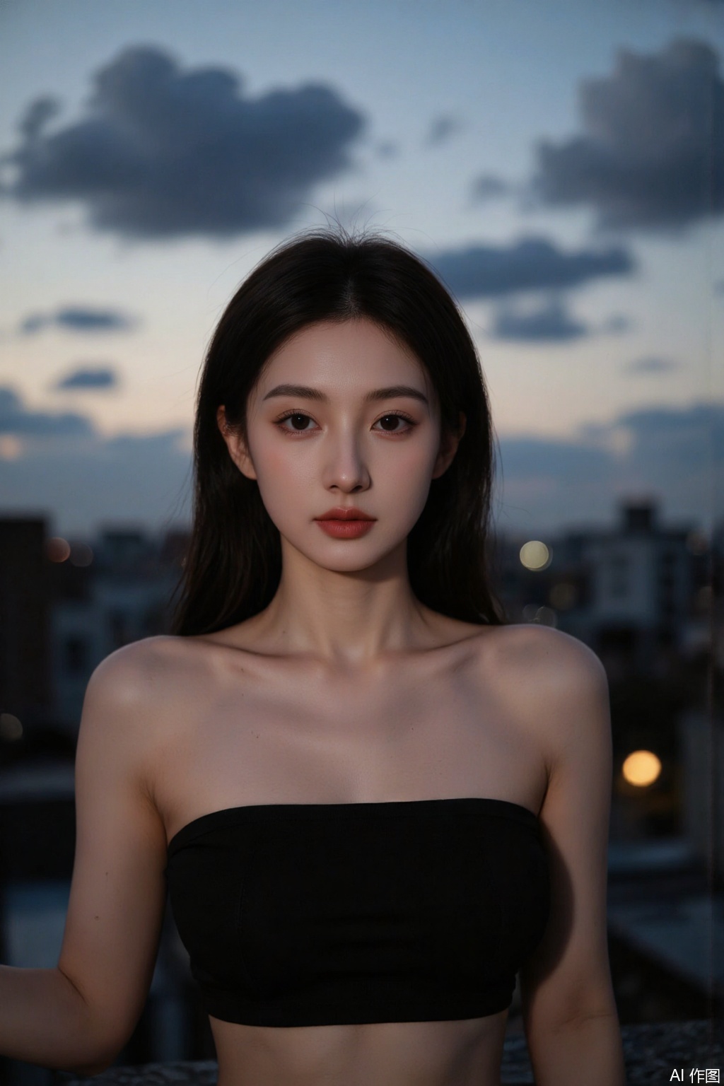 Ultra photoreal, Insane Details, 32K, Realistic, Real photo,Frontal photography, looking forward, evening, dark clouds, sunset, on city rooftops, a woman,black dress, black hair, long hair, dark theme, pastel tones, pastel colors, high contrast, (natural skin texture, Low Light, HD) ((Sky Background)) (Facial Highlights)), Light Master, 1girl, Photograp, Excellent Image Quality, Perfect Body,dark theme,soft tones,light master,evening,photograp,masterpiece,Skin details
