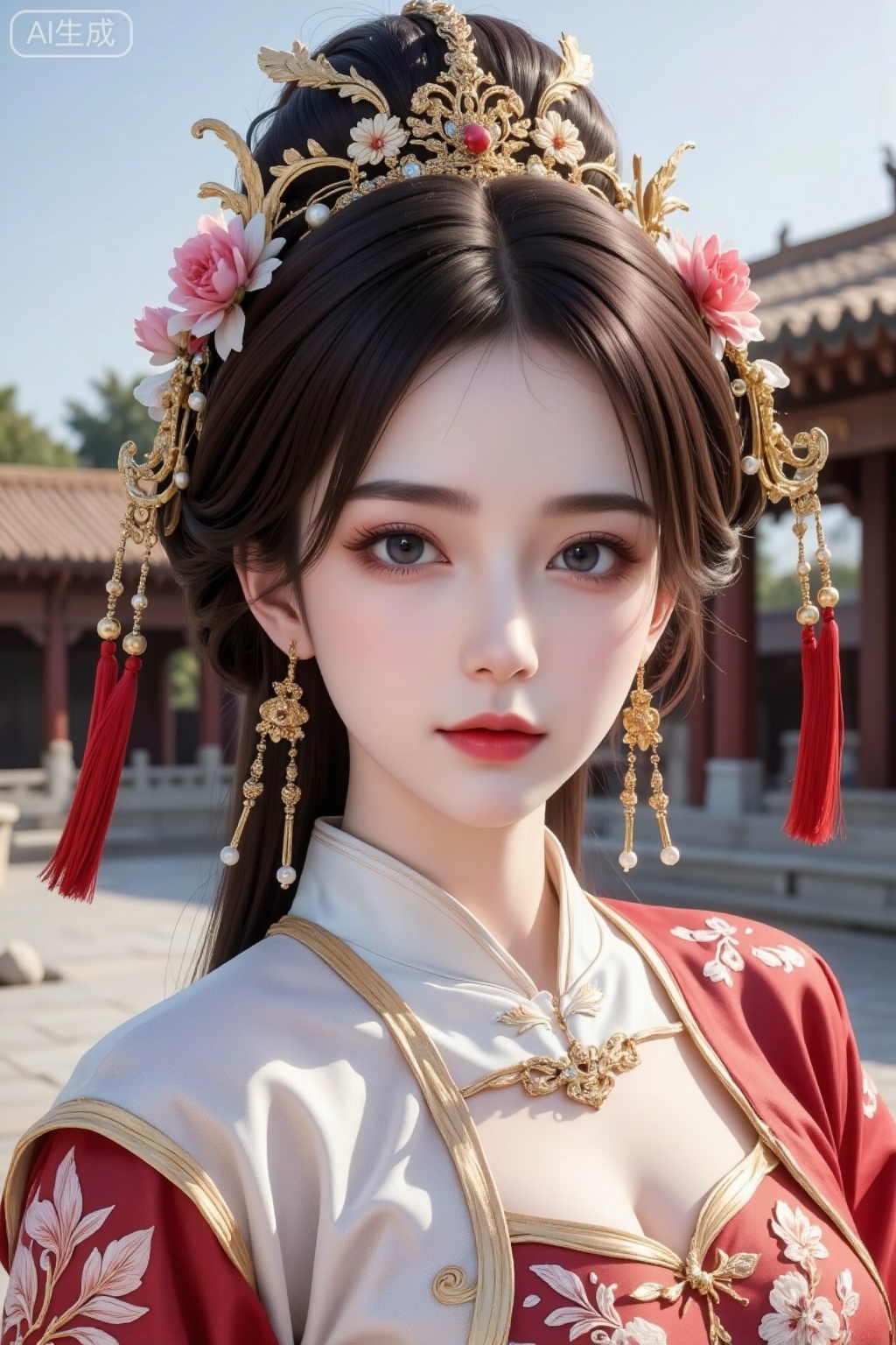 A imperial concubine of the Qing Dynasty wears a Manchu-style robe (qi zhuang) in a white-and-red color combination. The robe features various  in distinct designs, boasting novelty and uniqueness. She is accessorized with a luxurious pearl-studded dianzi hairstyle (a traditional Manchu headdress for noble women), earrings, and a necklace—presenting an ornate, intricate, and realistic style with strong design sense.
Adorned in the magnificent Manchu robe, she wears a dala chi (a large, elaborate Manchu headdress with a rigid frame) on her head, decorated with large and vibrant hair flowers and a phoenix hairpin. Pearl tassels dangle beside her ears. The robe is embroidered with patterns of "dragons and phoenixes bringing prosperity" and peonies. Her elaborate headpieces sparkle with pearls and jewels. She has a slender figure and a soft, beautiful face with classical charm: her skin is as fair as snow, her eyes clear as spring water, and her eyebrows as delicate as distant dark mountains. Even without heavy makeup, she is captivating, with a light and pretty makeup look.
The scene is set in the grand Forbidden City on a clear, sunny day, captured in a close-up shot focusing on her face. She is 18 years old.