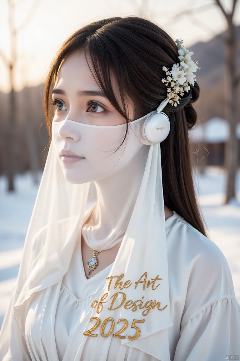 Font design, simple background, white background, gold letters, scribbling, brush marks, tilted dynamic, stroke extension, decorative strokes, text layout art, creative hand-drawn font design, monochrome, English text, no one, artistic composition, Text "The Art of Design 2025". Full body shot of nice Mennonite Asian girl with brown hair styled in waterfall braid, headphones, snow, sun rays, luxury sharp focus, grand lighting, magical, vibrant, beautiful and detailed. realistic,masterpiece,high quality,best quality,high resolution,highly detailed,HDR,UHD,vivid colors,surreal,slim,petite,indonesian,michelleziudith,photo,veil face chain chain mask girl