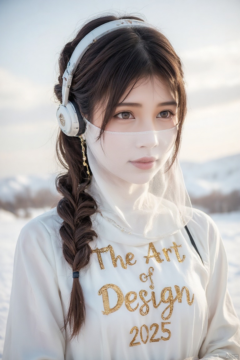 Font design, simple background, white background, gold letters, scribbling, brush marks, tilted dynamic, stroke extension, decorative strokes, text layout art, creative hand-drawn font design, monochrome, English text, no one, artistic composition, Text "The Art of Design 2025". Full body shot of nice Mennonite Asian girl with brown hair styled in waterfall braid, headphones, snow, sun rays, luxury sharp focus, grand lighting, magical, vibrant, beautiful and detailed. realistic,masterpiece,high quality,best quality,high resolution,highly detailed,HDR,UHD,vivid colors,surreal,slim,petite,indonesian,michelleziudith,photo,veil face chain chain mask girl
