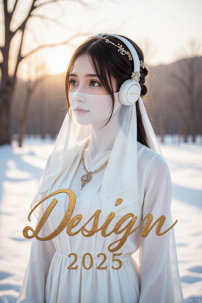 Font design, simple background, white background, gold letters, scribbling, brush marks, tilted dynamic, stroke extension, decorative strokes, text layout art, creative hand-drawn font design, monochrome, English text, no one, artistic composition, Text "The Art of Design 2025". Full body shot of nice Mennonite Asian girl with brown hair styled in waterfall braid, headphones, snow, sun rays, luxury sharp focus, grand lighting, magical, vibrant, beautiful and detailed. realistic,masterpiece,high quality,best quality,high resolution,highly detailed,HDR,UHD,vivid colors,surreal,slim,petite,indonesian,michelleziudith,photo,veil face chain chain mask girl