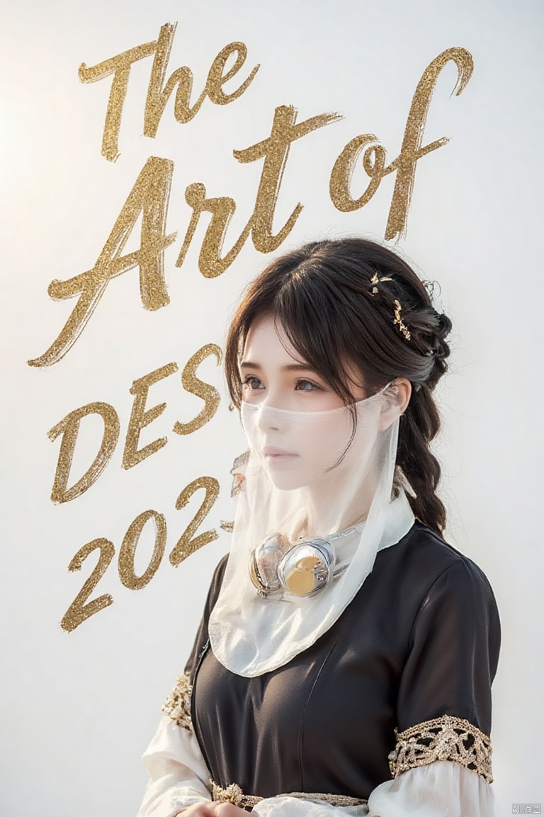 Font design, simple background, white background, gold letters, scribbling, brush marks, tilted dynamic, stroke extension, decorative strokes, text layout art, creative hand-drawn font design, monochrome, English text, no one, artistic composition, Text "The Art of Design 2025". Full body shot of nice Mennonite Asian girl with brown hair styled in waterfall braid, headphones, snow, sun rays, luxury sharp focus, grand lighting, magical, vibrant, beautiful and detailed. realistic,masterpiece,high quality,best quality,high resolution,highly detailed,HDR,UHD,vivid colors,surreal,slim,petite,indonesian,michelleziudith,photo,veil face chain chain mask girl
