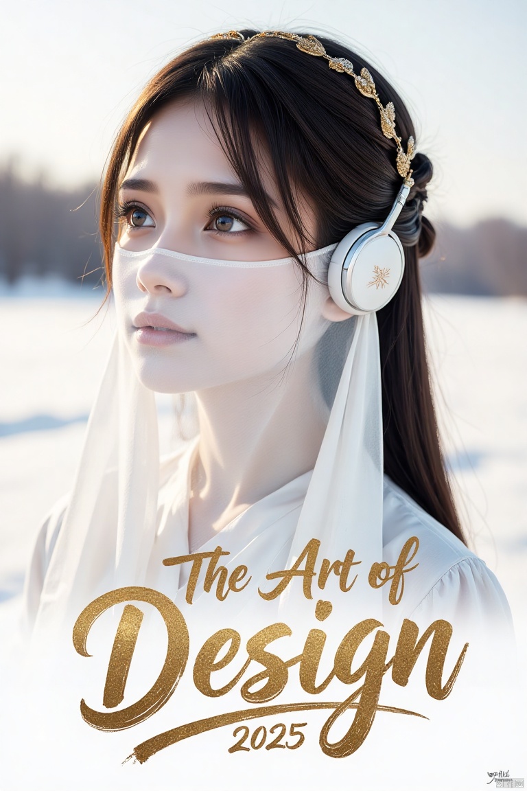 Font design, simple background, white background, gold letters, scribbling, brush marks, tilted dynamic, stroke extension, decorative strokes, text layout art, creative hand-drawn font design, monochrome, English text, no one, artistic composition, Text "The Art of Design 2025". Full body shot of nice Mennonite Asian girl with brown hair styled in waterfall braid, headphones, snow, sun rays, luxury sharp focus, grand lighting, magical, vibrant, beautiful and detailed. realistic,masterpiece,high quality,best quality,high resolution,highly detailed,HDR,UHD,vivid colors,surreal,slim,petite,indonesian,michelleziudith,photo,veil face chain chain mask girl