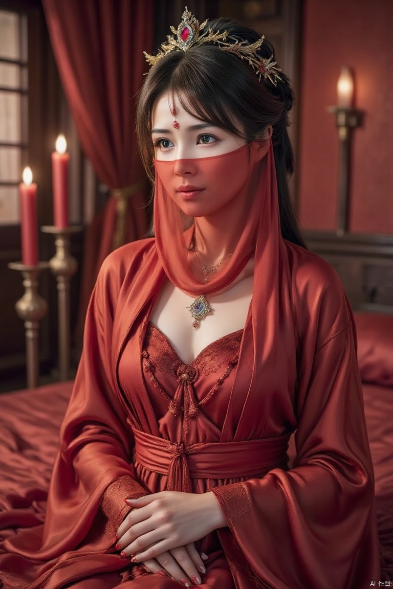 In a dimly lit, ornate red palace, an elegant lady sits on a plush red bed, adorned in a stunning hanfu dress with intricate patterns and long sleeves. The phoenix crown rests upon her flowing black hair, which is tied up with a hair stick. Her makeup is flawless, with subtle blush on her cheeks and soft, shyness-inducing red lips. Two red candles burn brightly beside her, casting a warm glow on the delicate features of her face. A forehead point shines like a tiny gem, complementing the red nails and tassels that adorn her dress. The red quilt drapes behind her, as ancient Chinese architecture and luxurious curtains create a regal atmosphere. In this fantasy setting, the lady's large, natural breasts appear softly beneath the flowing fabric of her hanfu, exuding an air of mystique and allure under the soft light of night.,veil face chain chain mask girl