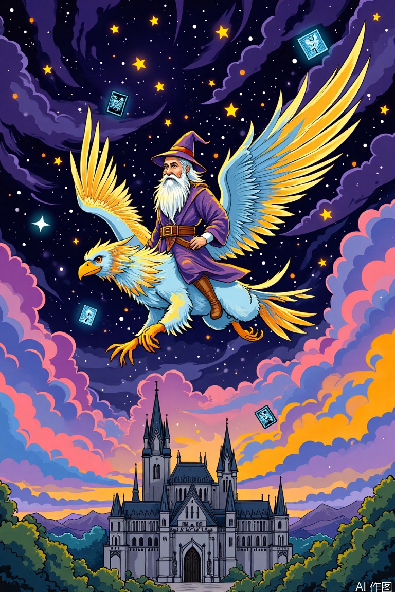 Splash-ink illustration style, A magical medieval-style illustration. An old wizard with a long, flowing beard and a pointed hat rides on the back of a majestic griffin. They soar through a sky filled with swirling purple and pink clouds, above a vast, ancient castle with spires reaching towards the heavens. Glowing runes and floating spellbooks surround them, while shooting stars streak across the twilight sky. The illustration uses a rich color palette of deep purples, golds, and blues on a dark background, emphasizing the wizard's wise expression and the griffin's powerful wings. It creates an enchanting and otherworldly scene, perfect for capturing the essence of fantasy.