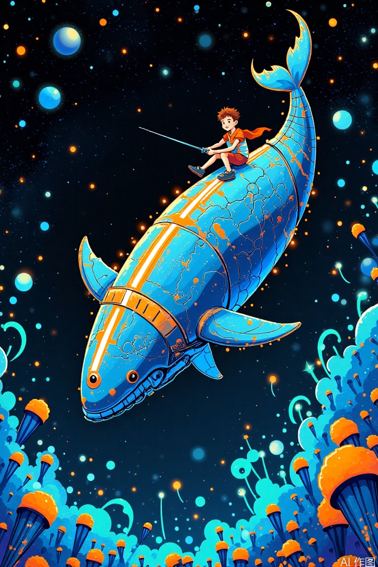Splash-ink illustration style, A cyberpunk-style illustration, a young boy rides on the back of a colossal mechanical whale, surrounded by bioluminescent seaweed and floating gears in the deep ocean. The mechanical whale's metallic plates glimmer with neon lights as it swims gracefully, creating a flat yet dynamic illustration style. The color scheme features electric blue on a black background, highlighting the intricate details of the mechanical whale and the adventurous expression on the boy's face. With the surrounding underwater city's lights flickering in the distance, they create a captivating and futuristic scene.