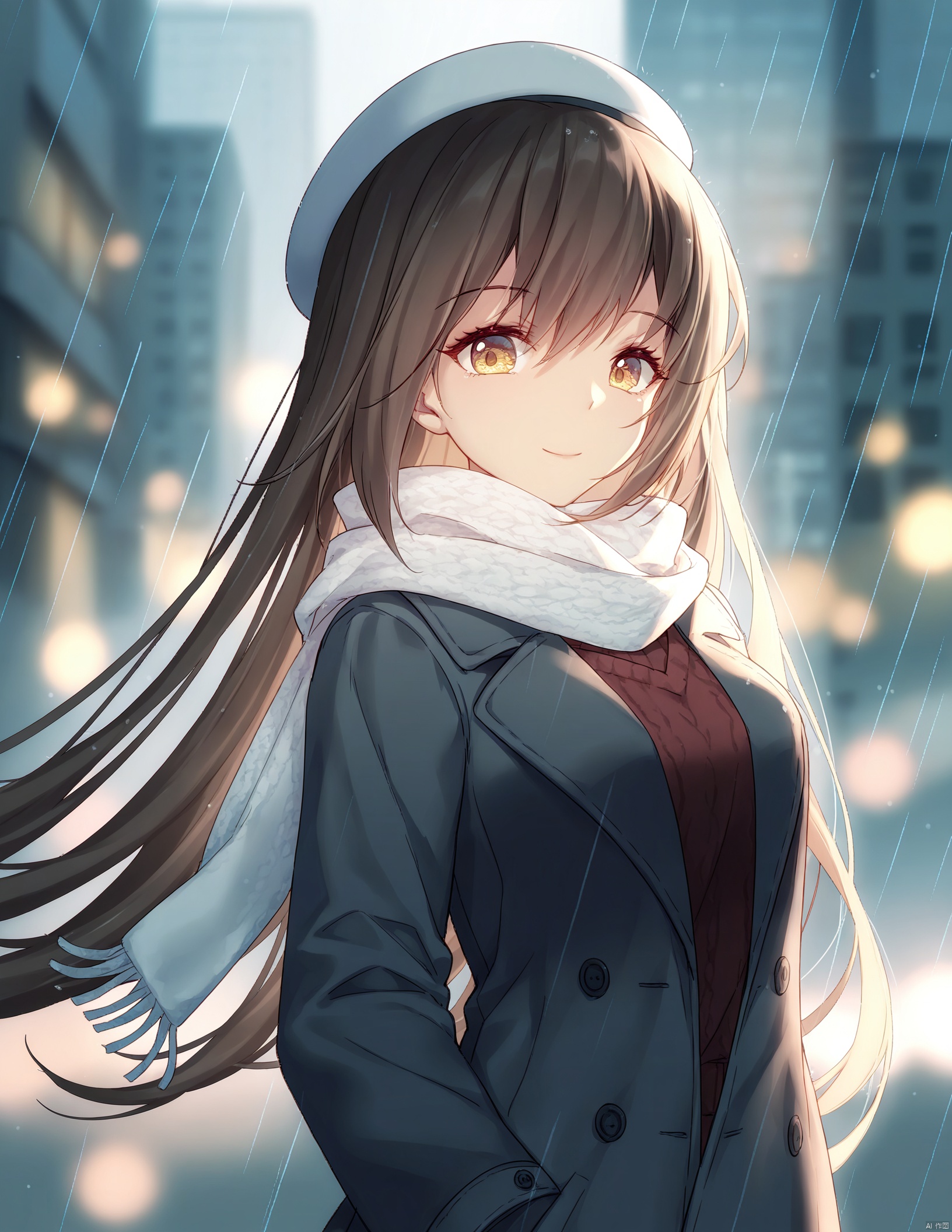 Hermes, 1girl, solo, long hair, looking at viewer, white headwear, sweater beret, upper body, outdoors, scarf, blurry, coat, white scarf, winter clothes, raining, winter London, bokeh, city center, rainy afternoon, looking at viewer, raining, smile, 

(bison_cangshu:0.4),nyalia,

official art,depth of field,high contrast,colorful,detailed light,light leaks,beautiful detailed glow,best shadow,shiny skin,cinematic lighting,ray tracing, 

(best quality,amazing quality,very aesthetic,absurdres,beast quality,masterpiece,ultra detailed, newest,8K,HDR:1.1),
