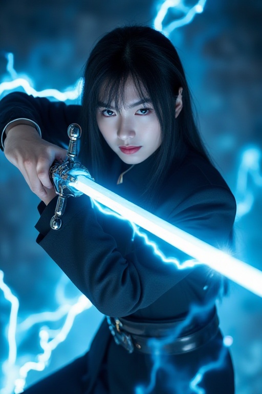 girl. solo girl. cute face. face asia girl. The image depicts a dynamic and intense scene with a character wielding a swor...
