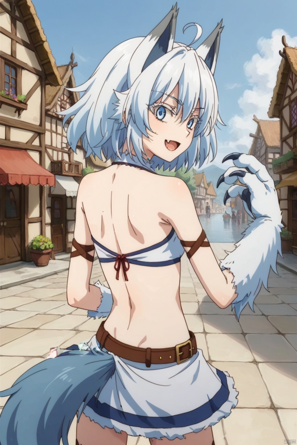 1girl ﻿ ,solo ﻿, looking at viewer ﻿ ,smile ﻿ ,short hair , open mouth ﻿ ,blue eyes ,﻿ skirt ﻿,﻿ navel ,﻿ animal ears, ﻿ blue hair ﻿ ,tail ﻿,ahoge ﻿ ,white hair ﻿,fang ﻿ ,midriff ﻿ belt ﻿ ,wolf ears ,﻿ monster girl, ﻿ claws ﻿ ,wolf tail ,﻿ armlet ﻿, animal hands ﻿ fur,slim,skinny,village,(slim:1.5),(skinny:1.2) ,((((back:1.4))))