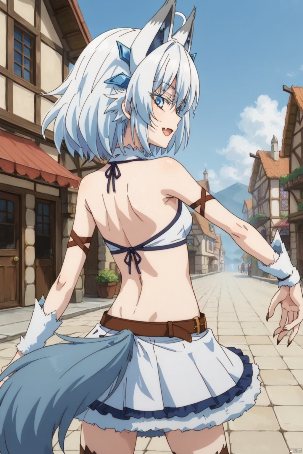 1girl ﻿ ,solo ﻿, looking at viewer ﻿ ,smile ﻿ ,short hair , open mouth ﻿ ,blue eyes ,﻿ skirt ﻿,﻿ navel ,﻿ animal ears, ﻿ blue hair ﻿ ,tail ﻿,ahoge ﻿ ,white hair ﻿,fang ﻿ ,midriff ﻿ belt ﻿ ,wolf ears ,﻿ monster girl, ﻿ claws ﻿ ,wolf tail ,﻿ armlet ﻿, animal hands ﻿ fur,slim,skinny,village,(slim:1.5),(skinny:1.2) ,((((back:1.4))))
