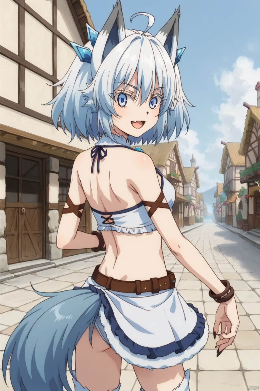 1girl ﻿ ,solo ﻿, looking at viewer ﻿ ,smile ﻿ ,short hair , open mouth ﻿ ,blue eyes ,﻿ skirt ﻿,﻿ navel ,﻿ animal ears, ﻿ blue hair ﻿ ,tail ﻿,ahoge ﻿ ,white hair ﻿,fang ﻿ ,midriff ﻿ belt ﻿ ,wolf ears ,﻿ monster girl, ﻿ claws ﻿ ,wolf tail ,﻿ armlet ﻿, animal hands ﻿ fur,slim,skinny,village,(slim:1.5),(skinny:1.2) ,((((back:1.4))))