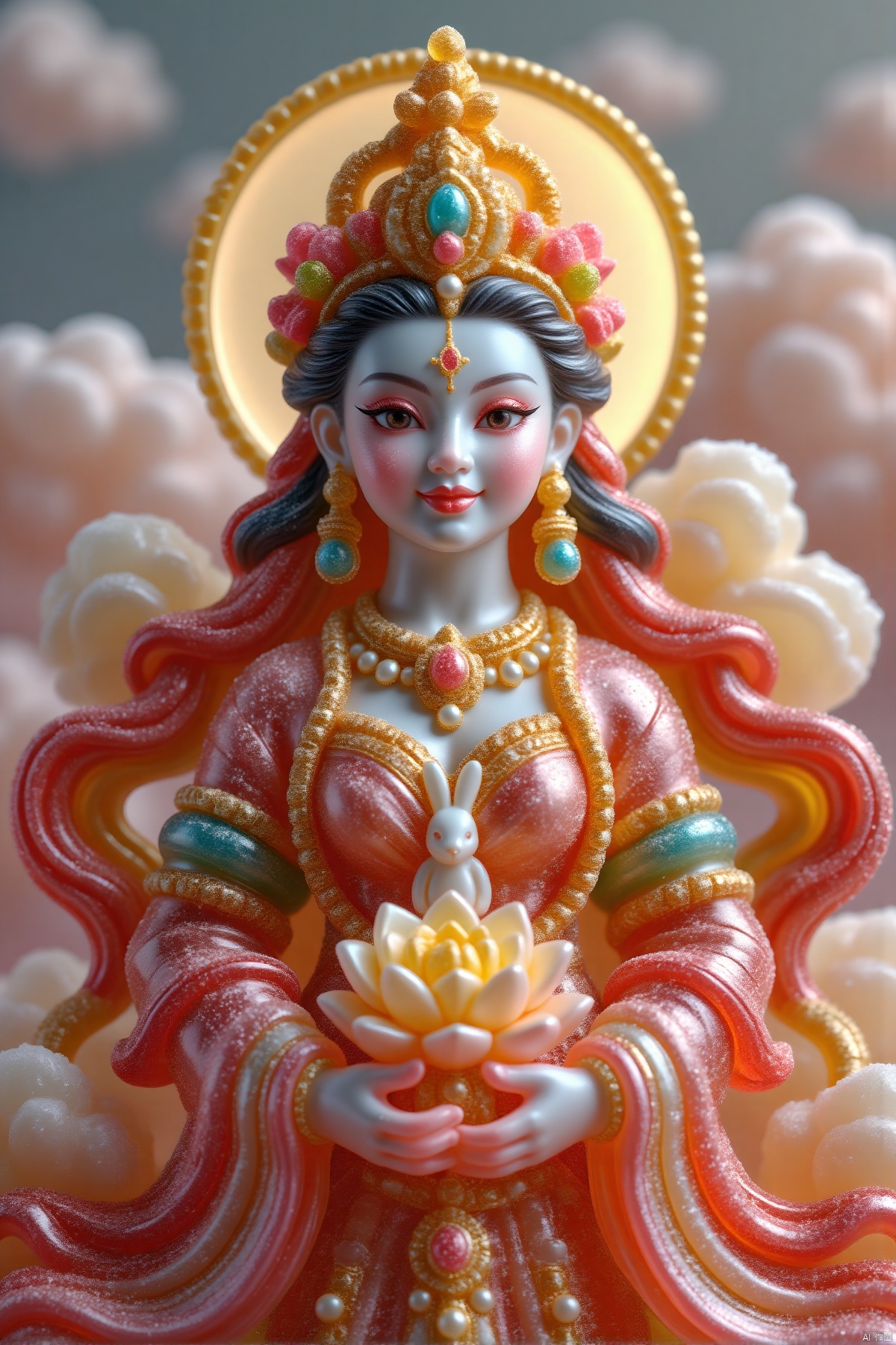 duocaitangsu,(goddess,beautiful fairy,Guanyin deity,front view,white skin,detailed face,beautiful detailed eyes,red eyeshadow,red blush,red lips,extremely detailed eyes and face,long eyelashes,elaborate headdress,kingfisher feather,Cloisonne,enamel,flowers,pearls,tassels,upper body,holding lotus,flowing red silk,red silk ribbons,ethereal golden clouds,golden sky,halo on face,surrounded by clouds,shimmering gauze,satin,glowing particles,ray tracing,double exposure,small white rabbit,best quality,4k,8k,highres,masterpiece:1.2,ultra-detailed,realistic,photorealistic,photo-realistic:1.37,physically-based rendering,extreme detail description,vivid colors,bokeh)