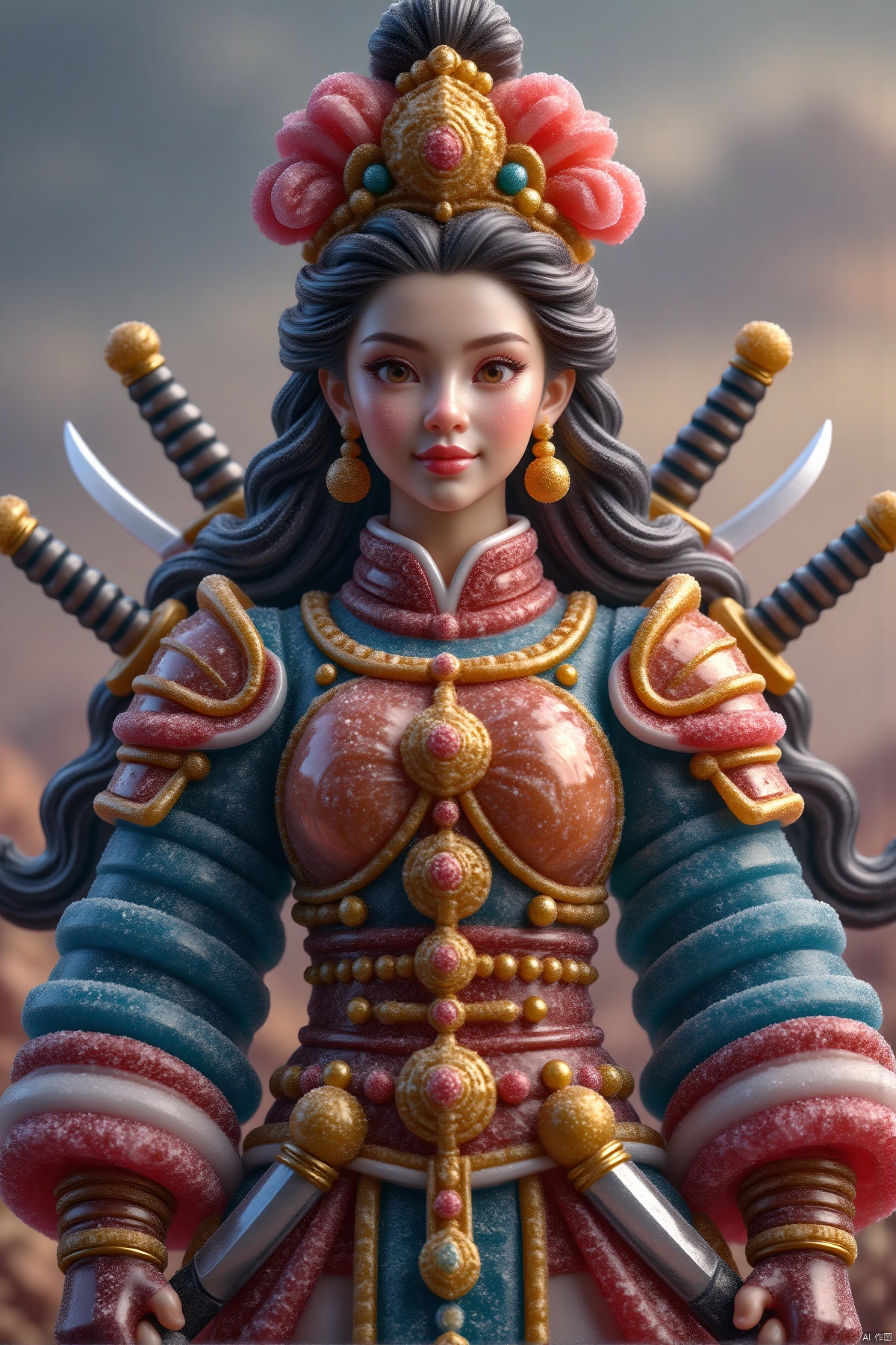 duocaitangsu,(beautiful female general,hyperrealism portrait,pretty face,elaborate armor,beautiful woman,long hair,looking at viewer,solo,dynamic,perfectionism,many swords and knives,attractive outfit,intricate decorations,expressive eyes,cinematic lighting,high-end feel,ethereal beauty,acrylic paint,clear features,gorgeous mature woman,focal point,extreme detail,high resolution,epic atmosphere,graceful scene,lovely cartoon design,dreamy visual effect,soft sculpture,webcam,vibrant colors,bold composition,battlefield scenery,capturing the moment,best quality,4k,8k,highres,masterpiece:1.2,ultra-detailed,realistic,photorealistic,photo-realistic:1.37,sharp focus,physically-based rendering,extreme detail description,professional,vivid colors)