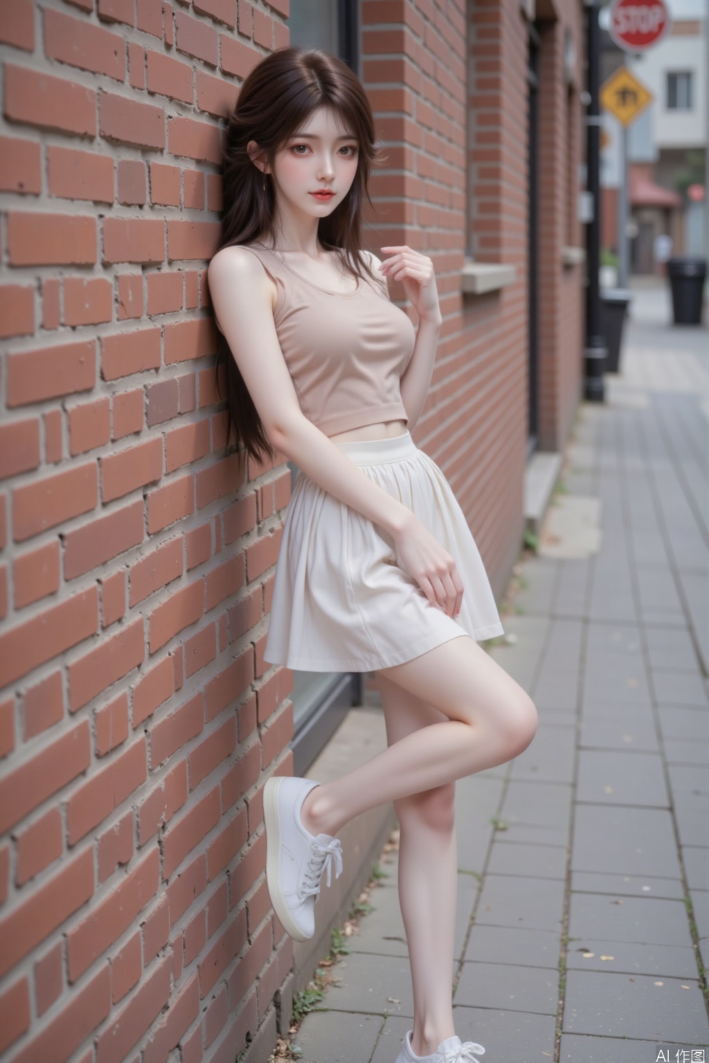 A beautiful girl with long brown hair. She was wearing a fitted zettai ryouiki top, paired with a pleated skirt, showcasing her slim figure. Her posture is very playful, with one leg slightly bent and leaning against the brick wall. A faint smile. The urban environment complements her avant-garde and feminine style, highlighting her youthful vitality and charming elegance. She is wearing white casual pants and shoes. Composition from different angles.,Beauty and Makeup