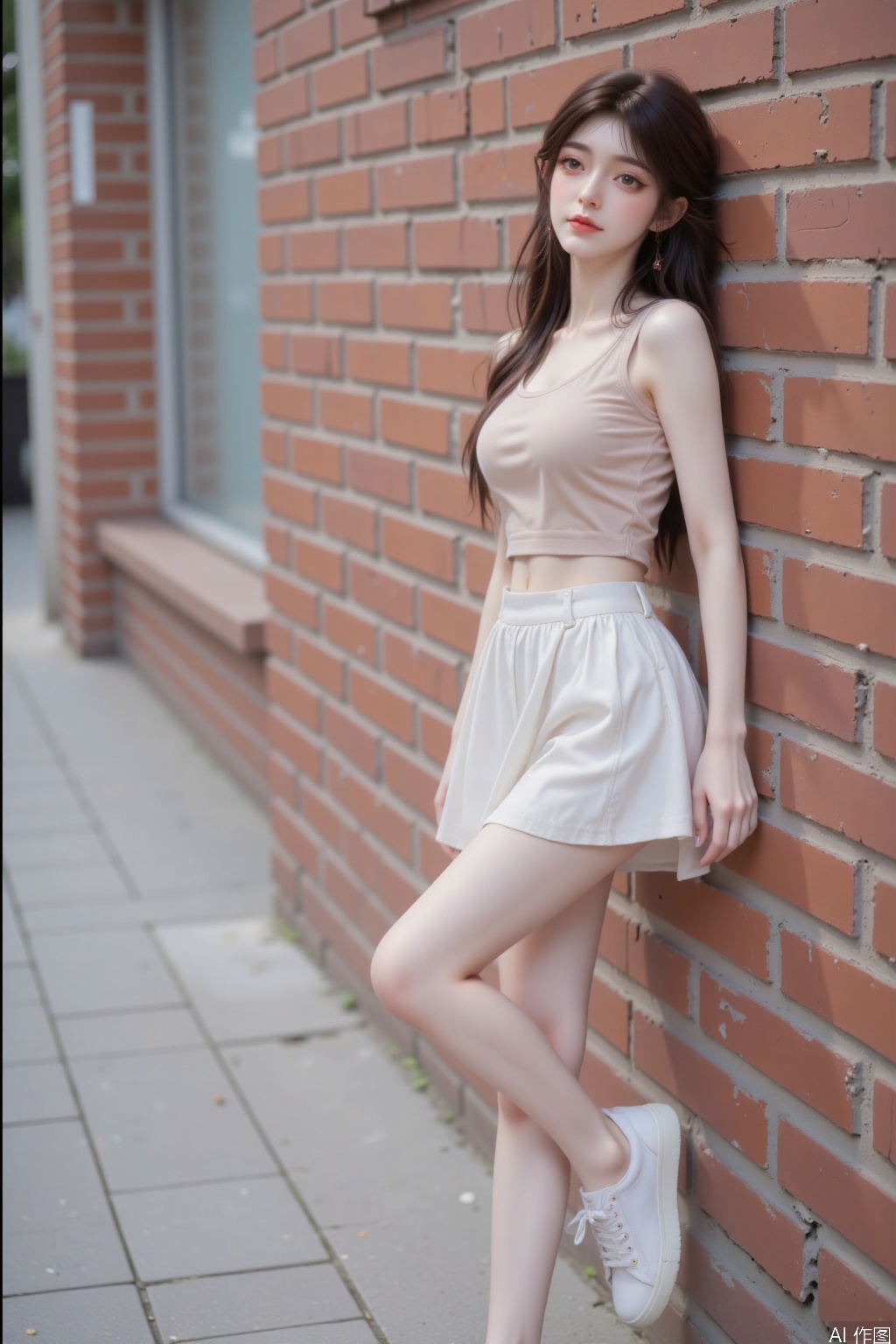 A beautiful girl with long brown hair. She was wearing a fitted zettai ryouiki top, paired with a pleated skirt, showcasing her slim figure. Her posture is very playful, with one leg slightly bent and leaning against the brick wall. A faint smile. The urban environment complements her avant-garde and feminine style, highlighting her youthful vitality and charming elegance. She is wearing white casual pants and shoes. Composition from different angles.,Beauty and Makeup