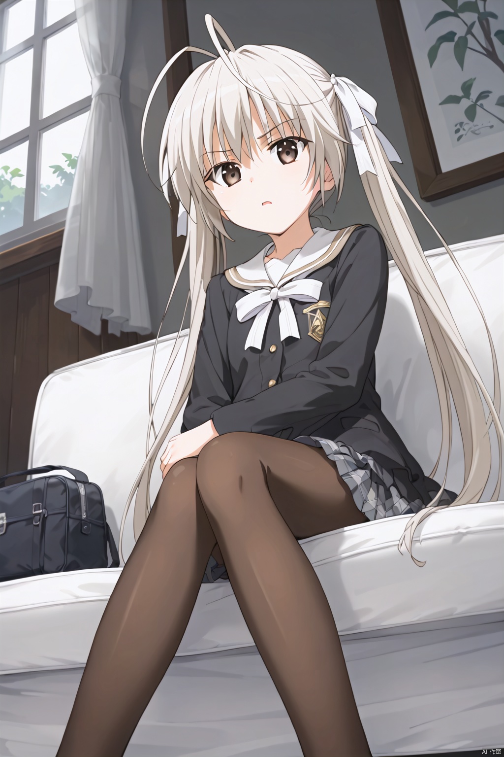 1girl,solo,long hair,white bow ribbon,twintails,white hair,antenna hair,Brown eyes,white stripe school uniform,slim,skinny,open the mouth,One hand up,masterpiece,best quality,official art,extremely detailed CG unity 8k wallpaper,sunlight,window,front,frown,Long sleeves,sitting,sofa,between legs,,jitome,disgust,Black Pantyhose,(from below:1.3),
