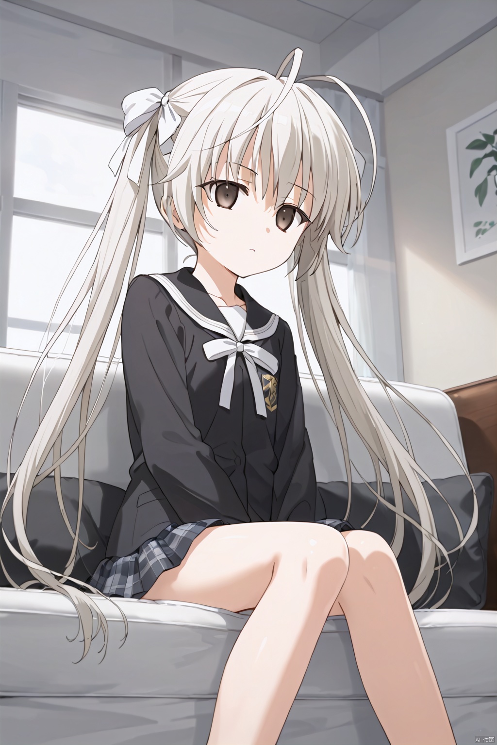 1girl,solo,long hair,white bow ribbon,twintails,white hair,antenna hair,Brown eyes,white stripe school uniform,slim,skinny,expressionless eyes,expressionless,open the mouth,One hand up,masterpiece,best quality,official art,extremely detailed CG unity 8k wallpaper,sunlight,window,front,frown,Long sleeves,sitting,sofa,between legs,empty eyes,from below