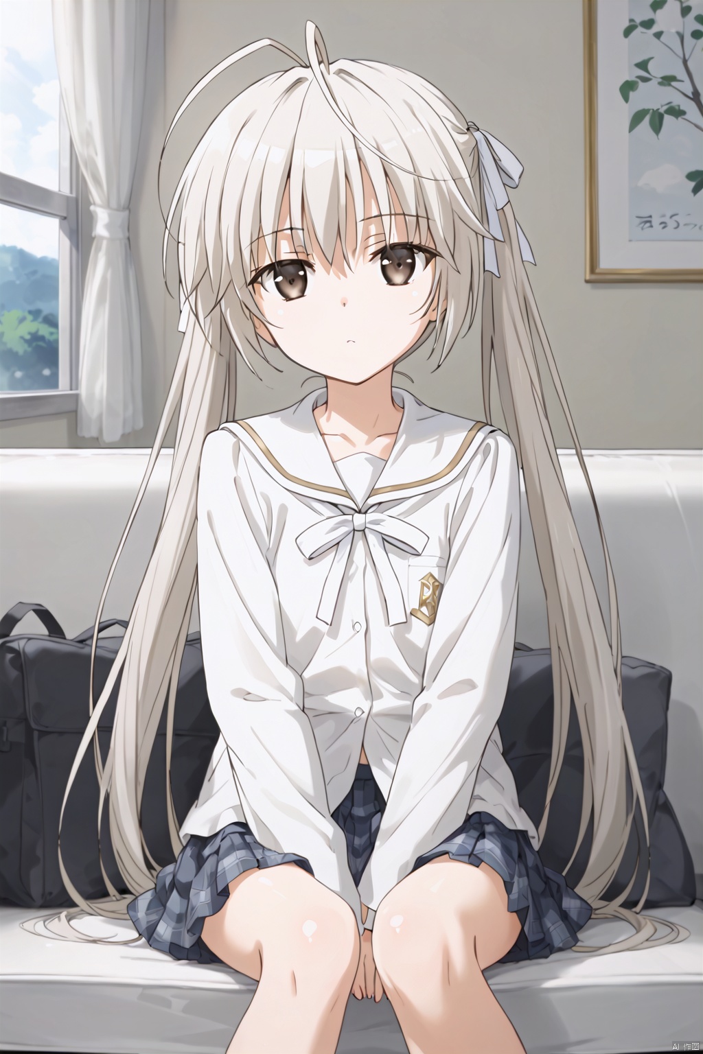 1girl,solo,long hair,white bow ribbon,twintails,white hair,antenna hair,Brown eyes,white stripe school uniform,slim,skinny,expressionless eyes,expressionless,open the mouth,One hand up,masterpiece,best quality,official art,extremely detailed CG unity 8k wallpaper,sunlight,window,front,frown,Long sleeves,sitting,sofa,between legs