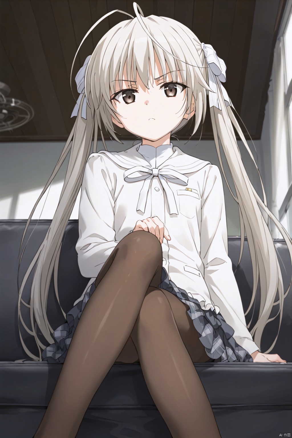 1girl,solo,long hair,white bow ribbon,twintails,white hair,antenna hair,Brown eyes,white stripe school uniform,slim,skinny,expressionless eyes,expressionless,open the mouth,One hand up,masterpiece,best quality,official art,extremely detailed CG unity 8k wallpaper,sunlight,window,front,frown,Long sleeves,sitting,sofa,between legs,from below,((jitome:1.3)),(((disgust:1.3))),Black Pantyhose