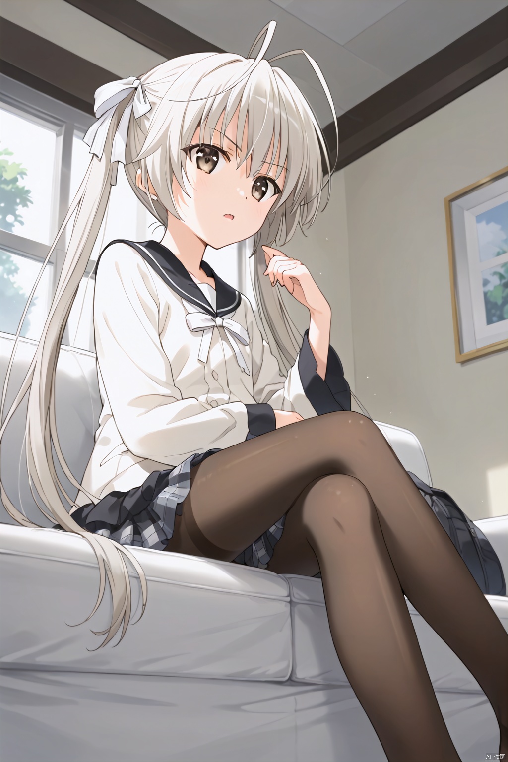 1girl,solo,long hair,white bow ribbon,twintails,white hair,antenna hair,Brown eyes,white stripe school uniform,slim,skinny,open the mouth,One hand up,masterpiece,best quality,official art,extremely detailed CG unity 8k wallpaper,sunlight,window,front,frown,Long sleeves,sitting,sofa,between legs,,jitome,disgust,Black Pantyhose,(from below:1.1),