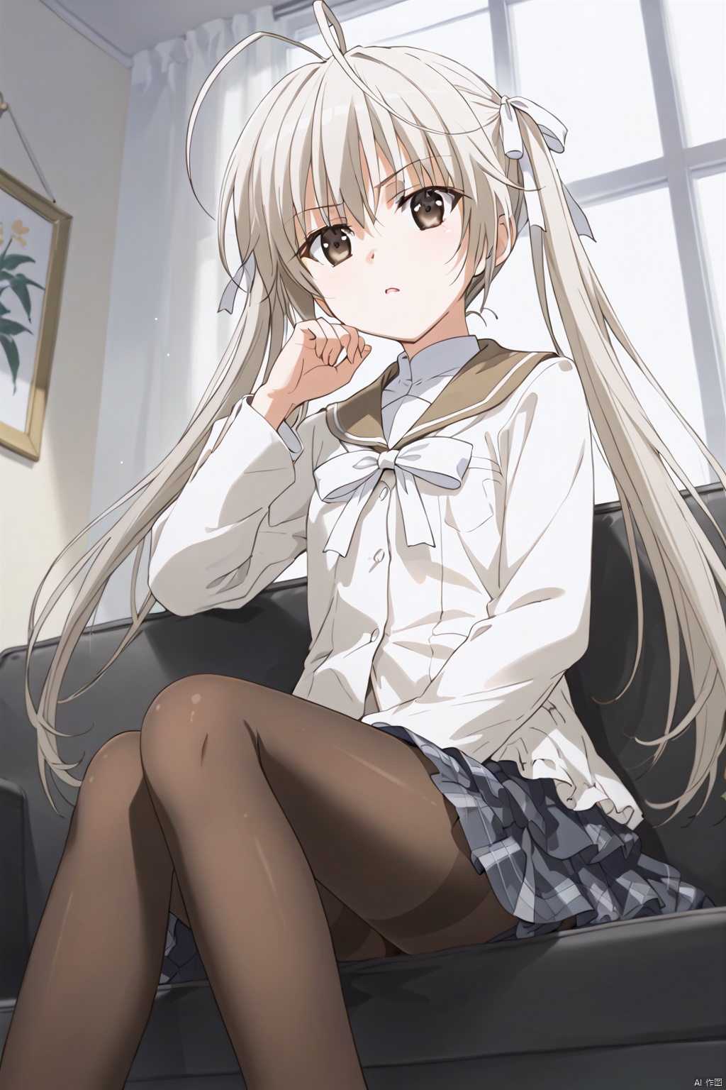 1girl,solo,long hair,white bow ribbon,twintails,white hair,antenna hair,Brown eyes,white stripe school uniform,slim,skinny,open the mouth,One hand up,masterpiece,best quality,official art,extremely detailed CG unity 8k wallpaper,sunlight,window,front,frown,Long sleeves,sitting,sofa,between legs,,jitome,disgust,Black Pantyhose,(from below:1.3),
