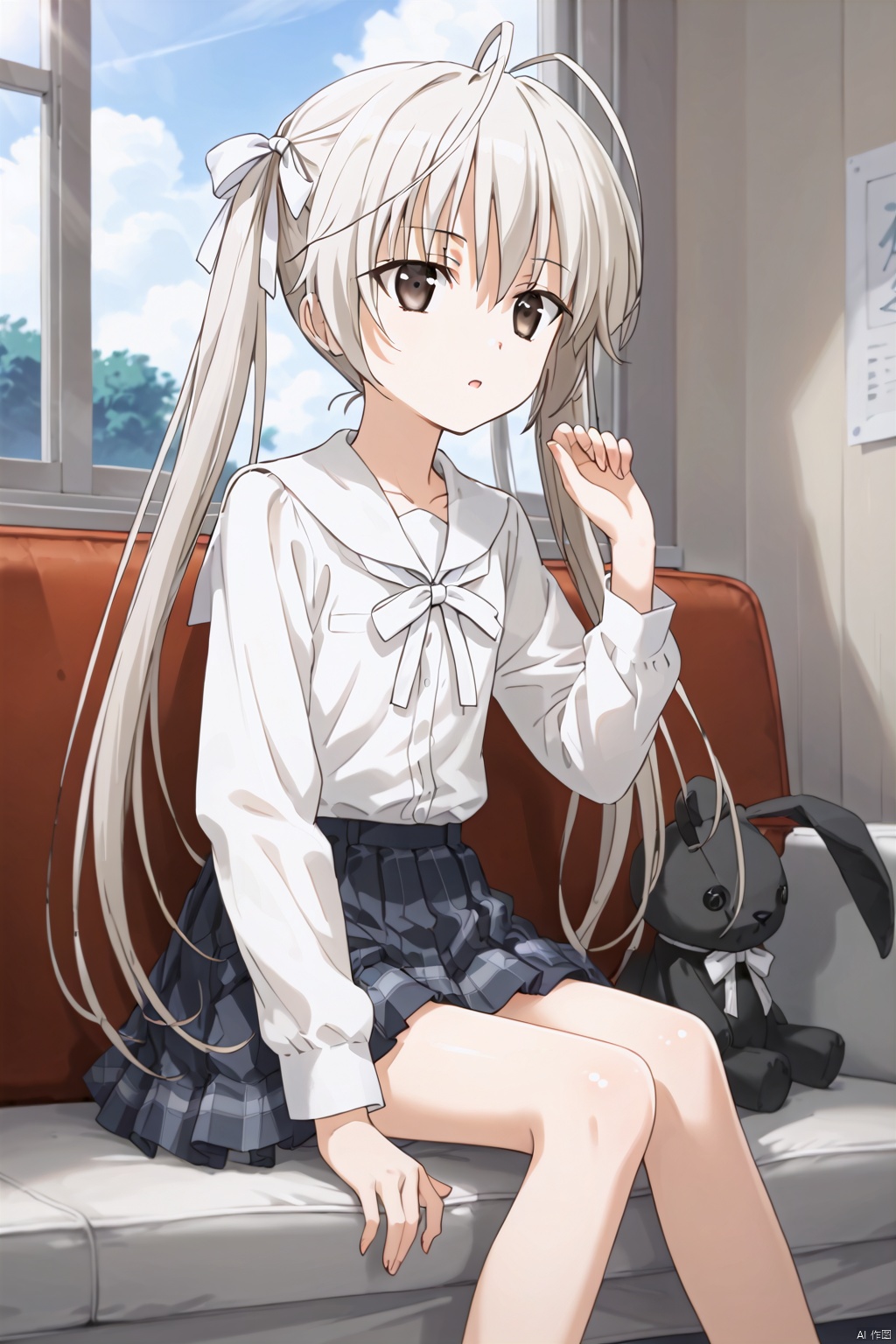 1girl,solo,long hair,white bow ribbon,twintails,white hair,antenna hair,Brown eyes,white stripe school uniform,(((((slim:1.6))))),((skinny:1.6)),expressionless eyes,expressionless,(open the mouth:1.2),One hand up,masterpiece,best quality,official art,extremely detailed CG unity 8k wallpaper,sunlight,window,Thin legs,front,frown,Long sleeves,sitting,sofa,between legs