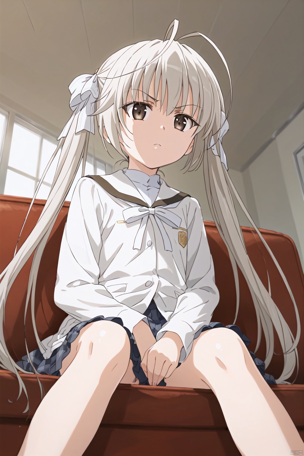 1girl,solo,long hair,white bow ribbon,twintails,white hair,antenna hair,Brown eyes,white stripe school uniform,slim,skinny,expressionless eyes,expressionless,open the mouth,One hand up,masterpiece,best quality,official art,extremely detailed CG unity 8k wallpaper,sunlight,window,front,frown,Long sleeves,sitting,sofa,between legs,from below,((jitome:1.3)),(((disgust:1.3))),