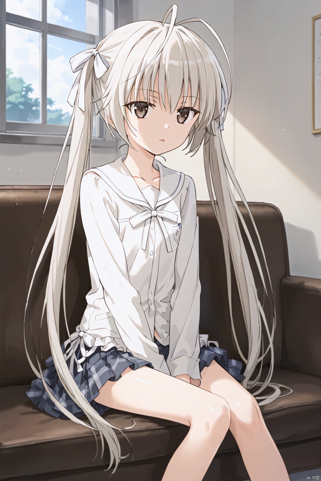 1girl,solo,long hair,white bow ribbon,twintails,white hair,antenna hair,Brown eyes,white stripe school uniform,(((((slim:1.6))))),((skinny:1.6)),expressionless eyes,expressionless,(open the mouth:1.2),One hand up,masterpiece,best quality,official art,extremely detailed CG unity 8k wallpaper,sunlight,window,Thin legs,front,frown,Long sleeves,sitting,sofa,between legs
