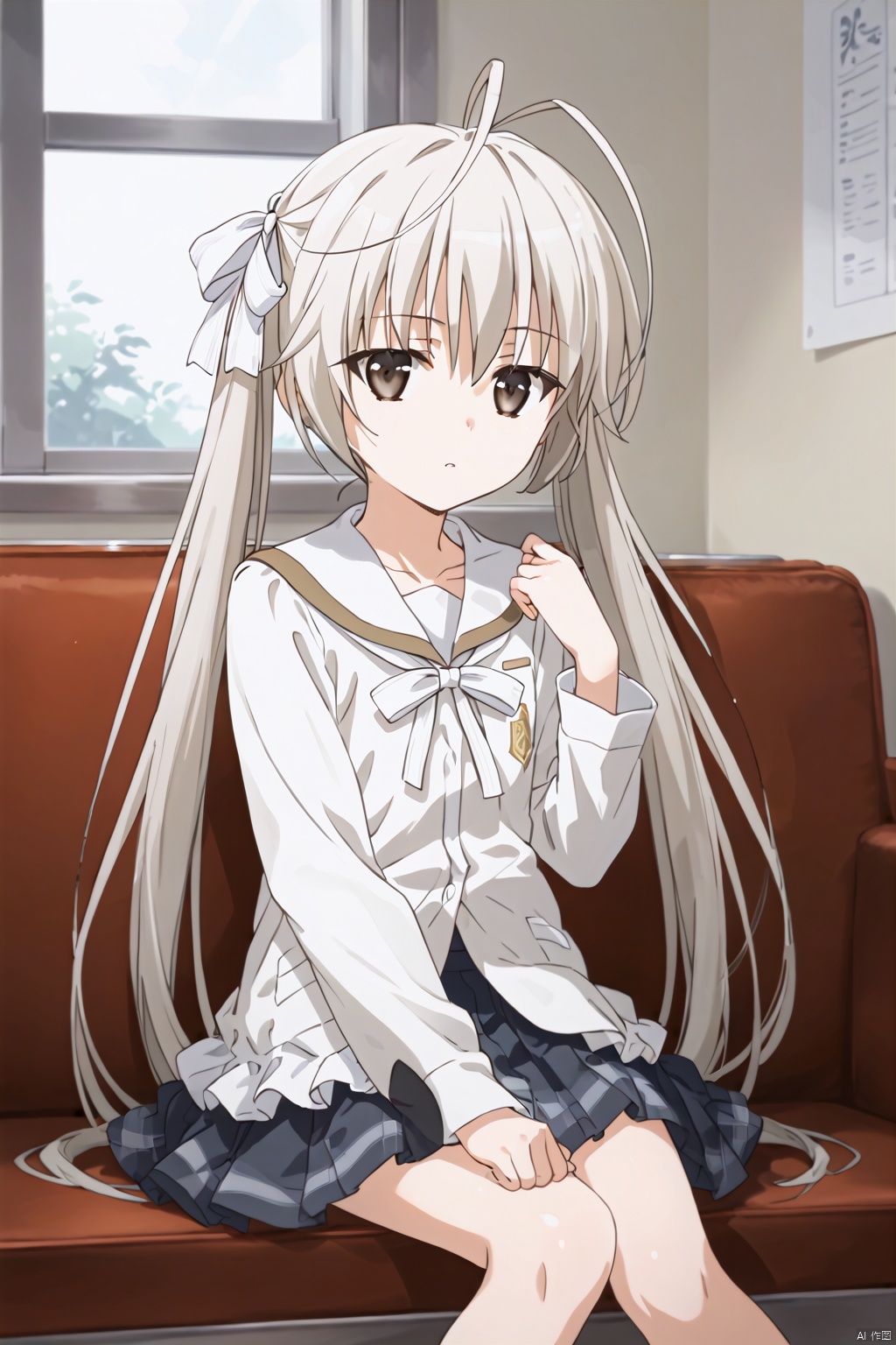 1girl,solo,long hair,white bow ribbon,twintails,white hair,antenna hair,Brown eyes,white stripe school uniform,slim,skinny,expressionless eyes,expressionless,open the mouth,One hand up,masterpiece,best quality,official art,extremely detailed CG unity 8k wallpaper,sunlight,window,front,frown,Long sleeves,sitting,sofa,between legs