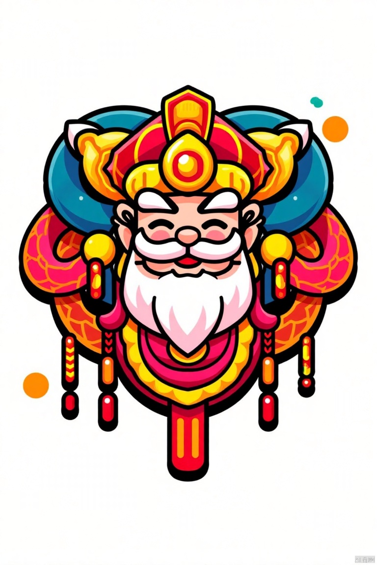 Badge design, Chinese elements, God of wealth head, gold ingot decoration, firecrackers for decoration, surrounded by snake elements, snake year, pure white background, surrounded by snakes