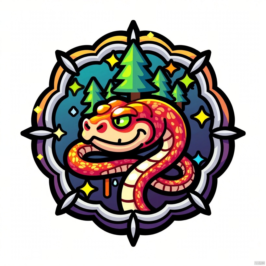 Badge design, snake, hairy snake head, tree decoration, forest decoration, surrounded by glitter elements, pure white background,