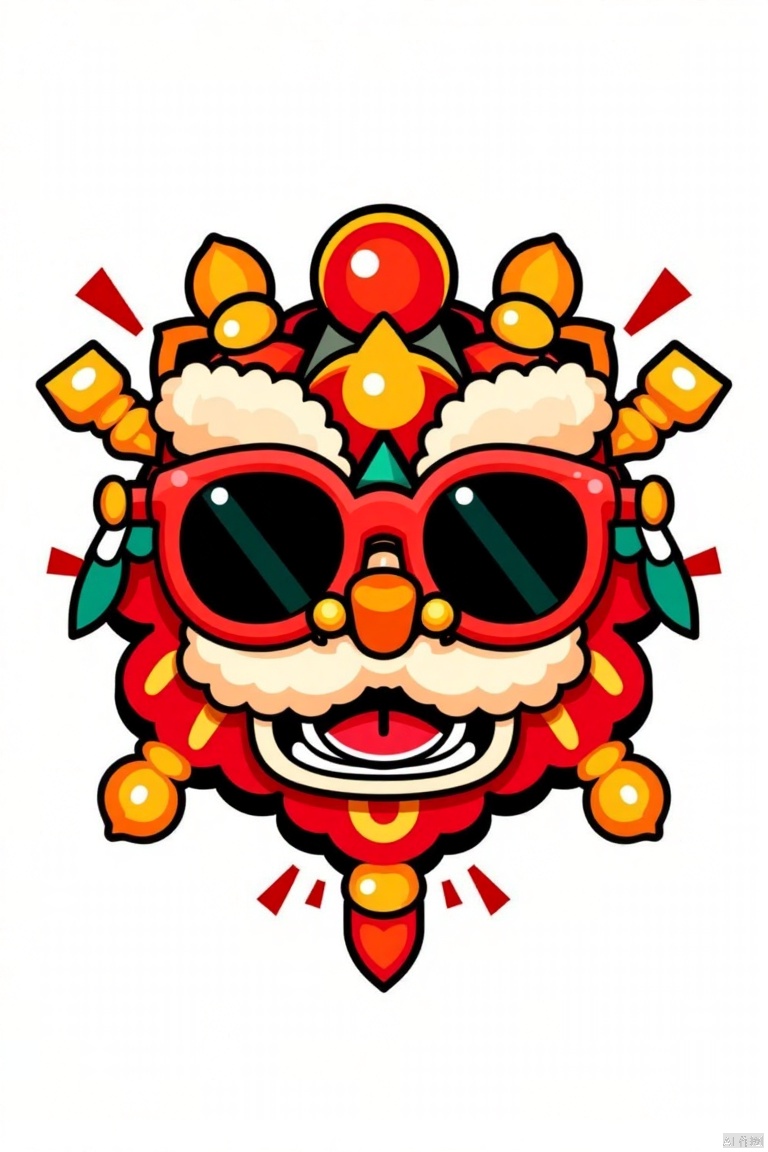 Badge design, Chinese elements, Chinese lion dance head glasses big black, firecrackers as decoration, lion dance around the elements of the snake, the year of the snake, pure white background