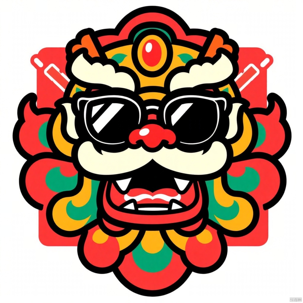 Badge design, Chinese elements, Chinese lion dance head glasses big black, firecrackers as decoration, lion dance around the elements of the snake, the year of the snake, pure white background