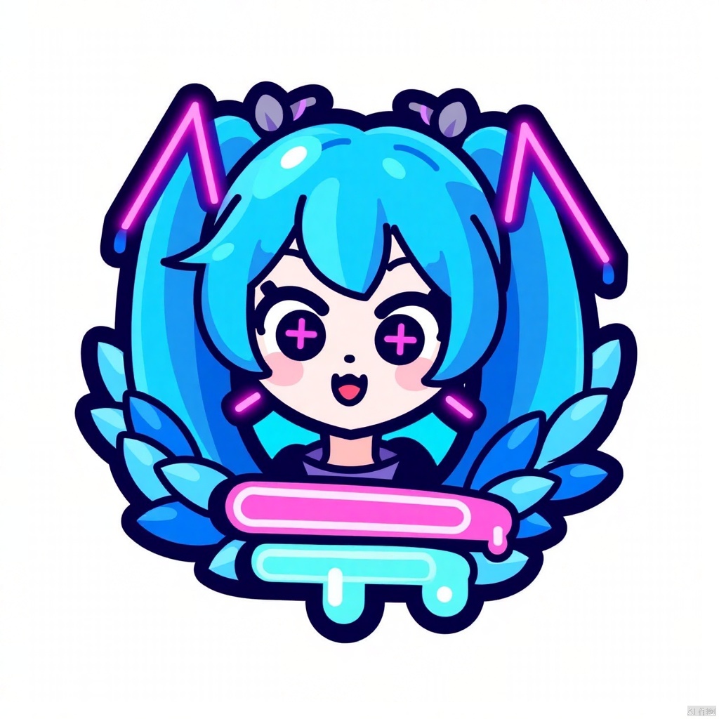 Badge design, neon elements, Hatsune Miku head, neon decoration, lamp tube for decoration, surrounded by blue elements, pure white background,