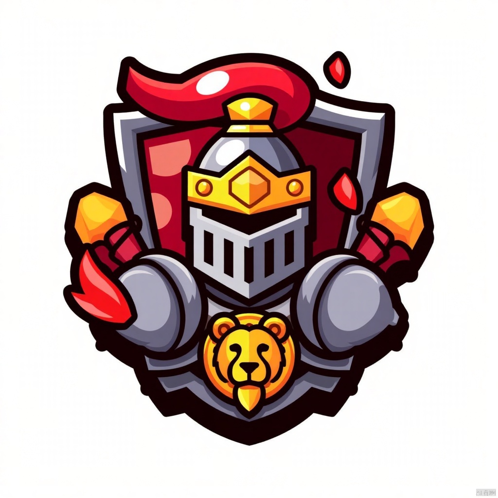 Badge design, knight, knight head, armor decoration, lion decoration, surrounded by red elements, pure white background,