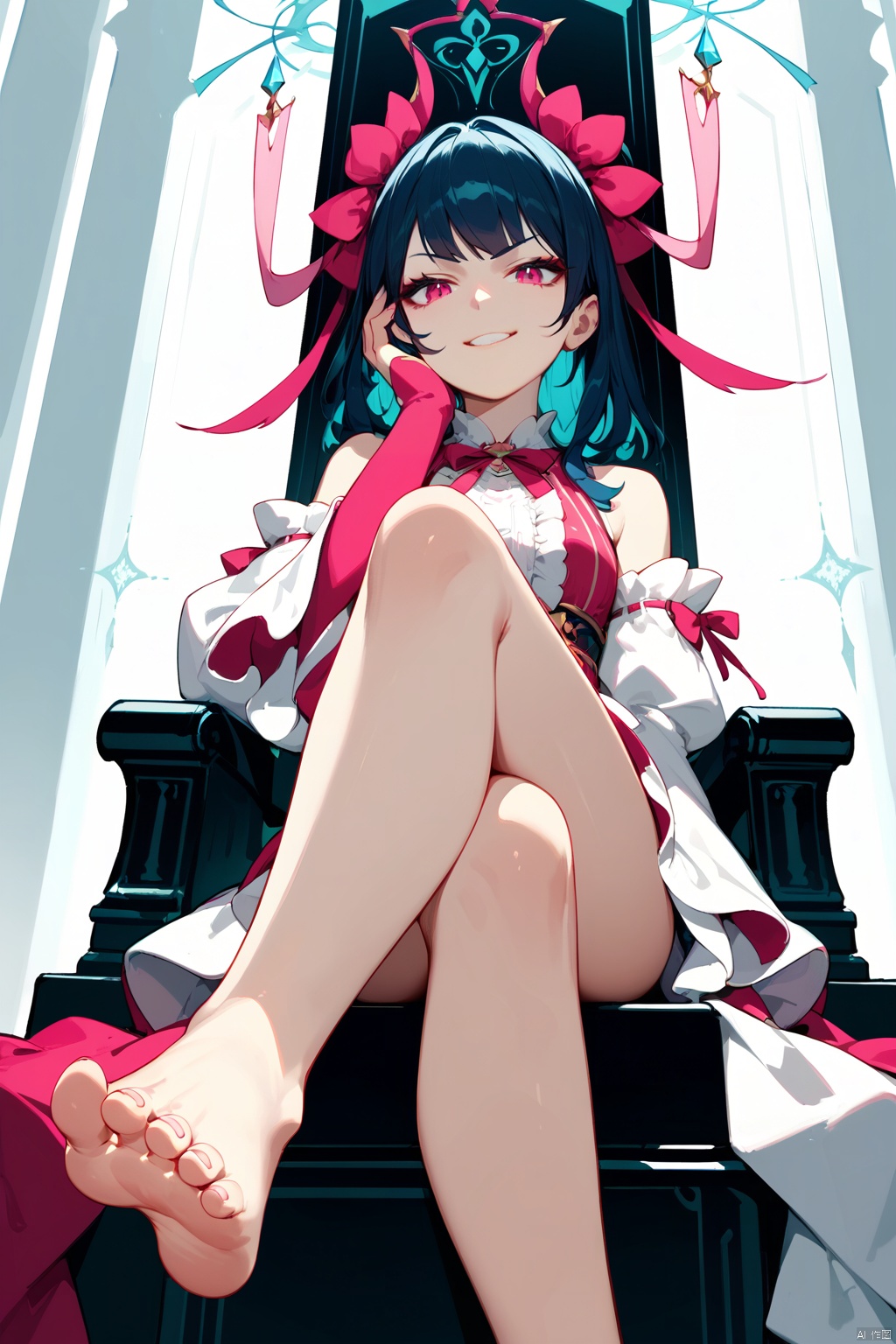 ,score_9 score_8_up score_7_up,1girl,krul tepes,silk clothes,frills,pink ribbons,detached sleeves,sleeves past wrists,sitting on throne,hand on own face,hand on own thigh,legs crossed,glaring,smirk,chiaroscuro,low angle,foot focus,barefoot,feet,toes,toenails,,masterpiece, best quality, absurdres, newest, very aesthetic, amazing quality,highres,sensitive,