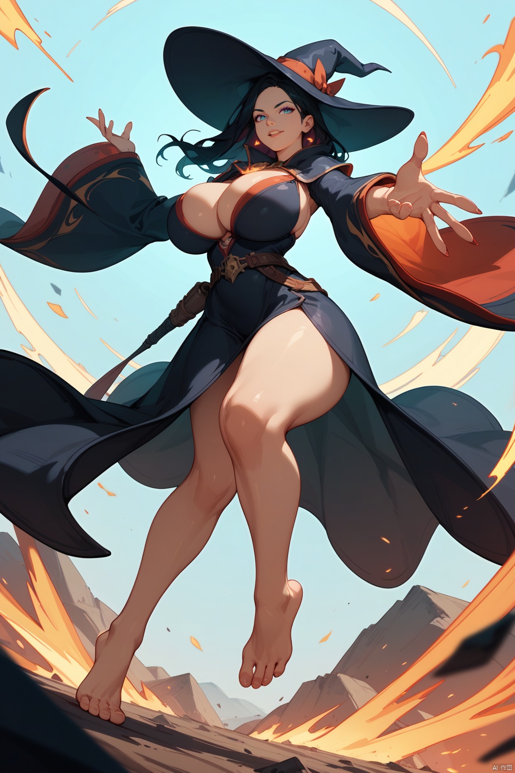 ,score_9 score_8_up score_7_up,john kafka,close-up,foot focus, 1girl,huge_breasts,looking_at_viewer,tiptoes,fighting_stance,bents knees, witch_hat,expressive_clothes,slutty clothes,wide_sleeves,reaching arm,barefoot, plasma splatter,Energy Blast,slashing,,masterpiece, best quality, absurdres, newest, very aesthetic, amazing quality,highres,sensitive,